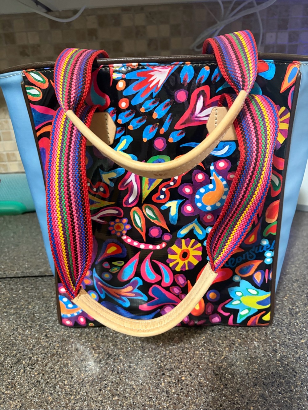 Consuela Multicolor Floral Tote with Blue Panels and Striped Handles